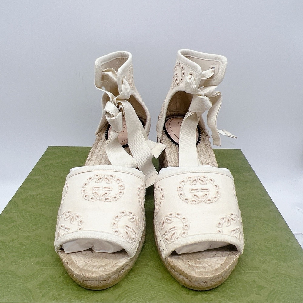 Gucci GG Damita Espadrille Wedge Sandal Eyelet Beige Canvas EU 36.5 US 6.5 - Picture 9 of 15